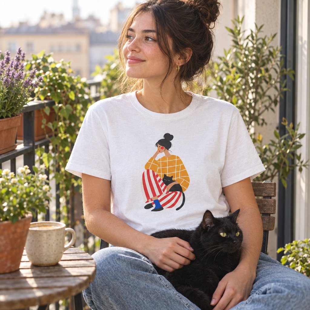 Woman and Cat Art Graphic Tee — worn day to day