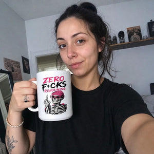 Zero F*cks Mug — customer wearing (UGC style)